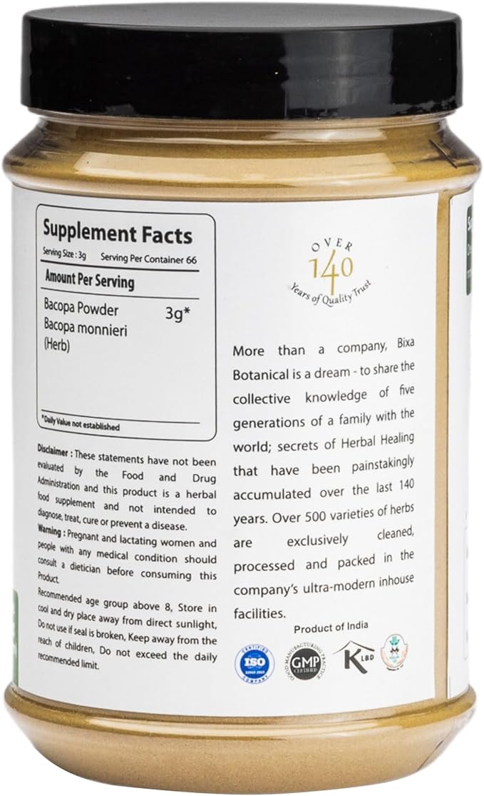 bixa BOTANICAL Brahmi Powder | Bacopa Monnieri | Brahmi Leaves ǀ 200 Grams / 7 OZ | Ayurvedic Herbal Supplement | Gluten Free, Non-GMO, Steam Treated, Vegan, 100% Pure.