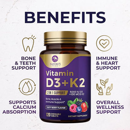 Vitamin D3 5000 iu Plus K2 (MK-7) 100 mcg - 2 in 1 Vitamins D & K Complex - Supports Calcium Absorption, Bone, Immune, & Heart Health – Made in the USA, Non-GMO, Easy to Swallow, 120 Chewable Tablets