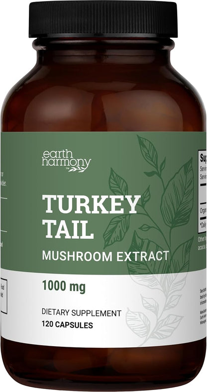 Earth Harmony Organic Turkey Tail Mushroom Capsules (1200mg Pure Extract) - Superfood Mushroom Supplement Helps Support Brain Health - Premium Powder Extract - 120 Capsules (2-Month Supply)