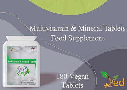 VED Multivitamins Supplement with Vitamin A, Vitamin C, Vitamin D, Vitamins E & B6 & More| Lactose & Gluten Free Food Supplement for Energy & Health Support| 180 Vegan Tablets|6 Month Supply.