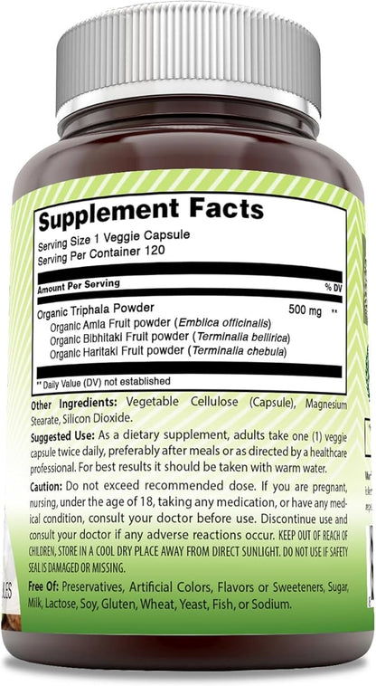 Amazing India Natural Triphala Supplement | 500 Mg per Serving | 120 Veggie Capsules | Non-GMO | Gluten-Free | Made in USA