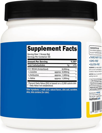 Nutricost BCAA Powder (Pineapple, 60 Servings) - Optimal 2:1:1 Ratio