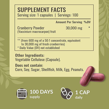 HERBAMAMA Cranberry Extract Capsules - 30,000mg Cranberry Powder for Urinary Tract Support - Vegan, Non-GMO Bladder Support Supplement, 100 Caps