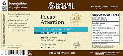 Nature's Sunshine Focus Attention, 90 Capsules, Provides Nutrients That Help Maintain Normal Brain-Stimulation Levels While Supporting Blood Circulation and Neurotransmitter Levels in The Brain