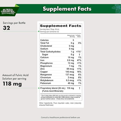 Buried Treasure Liquid Advantage FULVIC MINERALS Pure 70+ Trace Minerals 33 oz Dietary Supplement