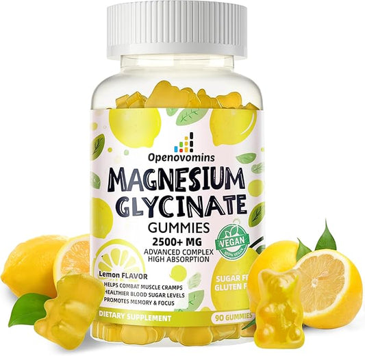 Magnesium Glycinate Gummies 2500mg - Sugar Free Magnesium Potassium Supplement with Vitamin D, B6, CoQ10 for Calm Mood & Sleep Support - 90 Lemon Gummies