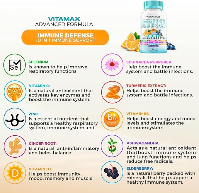 10-in-1 Immune System Support Booster with Elderberry, D3, Selenium, Quercetin, Zinc, Vitamin C, Ginger, Turmeric Curcumin, B6, Echinacea – Natural Immune Defense – Made in USA (60 Count (Pack of 1))