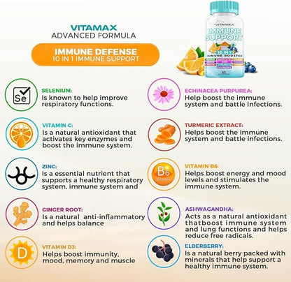 10-in-1 Immune System Support Booster with Elderberry, D3, Selenium, Quercetin, Zinc, Vitamin C, Ginger, Turmeric Curcumin, B6, Echinacea – Natural Immune Defense – Made in USA (60 Count (Pack of 1))