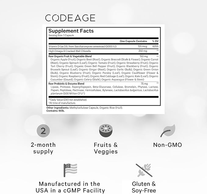 Codeage Raw Vitamin D3+ High Potency 5000 IU Supplement from Saccharomyces Cerevisiae - Raw Vitamin, Probiotics, Digestive Enzymes, Fruits & Greens - 2-Month Supply - 60 Capsules