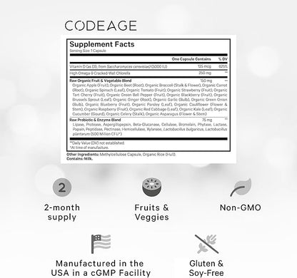 Codeage Raw Vitamin D3+ High Potency 5000 IU Supplement from Saccharomyces Cerevisiae - Raw Vitamin, Probiotics, Digestive Enzymes, Fruits & Greens - 2-Month Supply - 60 Capsules