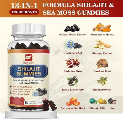 Shilajit Resin Gummies, Shilajit Irish Sea Moss Supplement with Ashwagandha, Black Seed Oil, Panax Ginseng, Honey, Shilajit Gummies with 85+ Trace Minerals & Fulvic Acid for Energy, Digestion Health