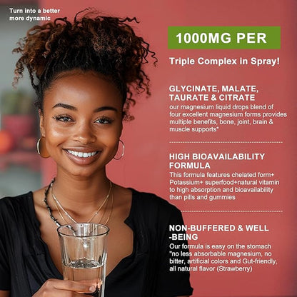 Magnesium Glycinate Liquid Spray with Citrate, Oxide & Malate, Magnesium with Whole Vitamin, L-Theanine, D3K2, B6 for Heart, Leg Cramps,Muscles&Energy- Sugar-Free Strawberry Flavor, 2 Fl Oz