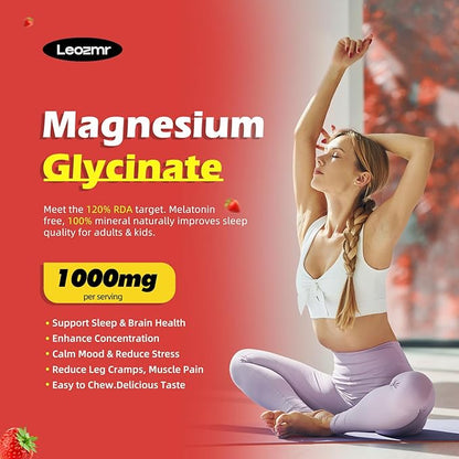 Magnesium Glycinate Gummies 1000mg - Sugar Free Magnesium Potassium Supplement with Vitamin D, B6, CoQ10 for Calm Mood & Sleep Support - 60 Strawberry Gummies