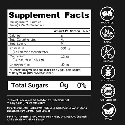 Vitamin B1 Gummies – Sugar Free B1 Gummies with Thiamine, CoQ10 & Magnesium – B1 Vitamins for Women & Men, Adults & Kids – Thiamine Gummies for Energy & Nerve Support – 120 Count, 2-Month Supply