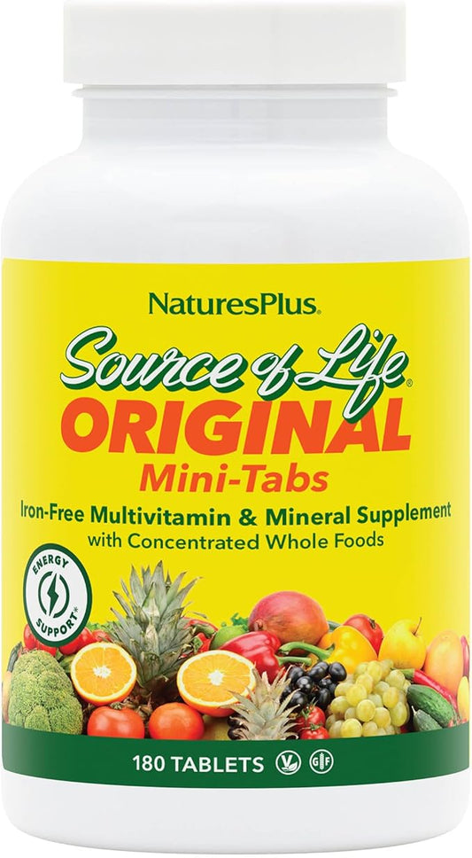 NaturesPlus Source of Life Mini-Tabs No Iron - 180 Vegetarian Mini Tablets - Easy to Swallow Natural Whole Food Multivitamin & Mineral Supplement for Health & Energy - 30 Servings