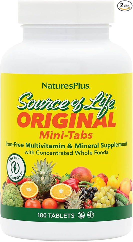 Natures Plus Source of Life No Iron - 180 Mini-Tabs, Pack of 2 - Multi-Vitamin & Mineral Supplement - Supports Natural Energy & Overall Well-Being - Gluten Free, Vegetarian - 60 Total Servings