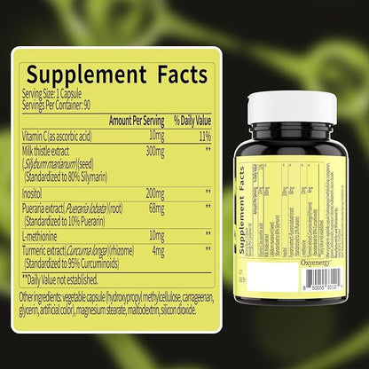 OxyEnergy Silymarin Milk Thistle 300mg Extract with Vitamin C, Inositol & Pueraria, Liver Detox & Repair Support, Antioxidant Support,90 Capsules, Cardo Mariano para el Hígado