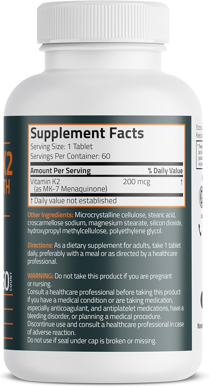 Bronson Vitamin K2 MK-7 200mcg Extra Strength, 60 Vegetarian Tablets