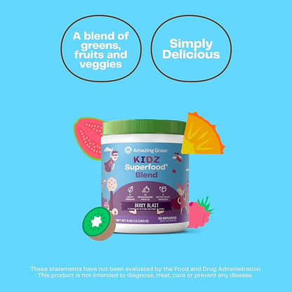 Amazing Grass Kidz Superfood: Organic Greens, Fruits, Veggies, Beet Root Powder & Probiotics for Healthy Kids, Berry Blast, 30 Servings