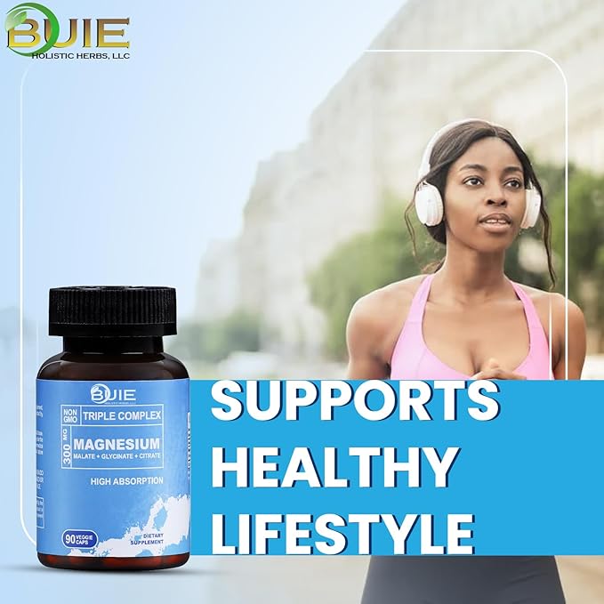 BUIE Triple Complex Magnesium 300mg | High Absorption Magnesium Glycinate, Citrate & Malate Supplement | Supports Muscle Strength, Metabolism, Heart & Bone Health | Vegan Non-GMO | 90 Capsules