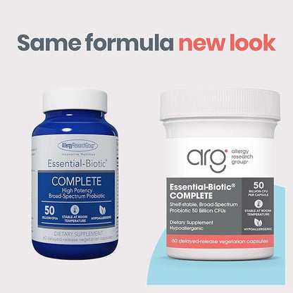 Allergy Research Group Essential-Biotic Complete Supplement - High Potency Probiotics for Men & Women, Supports Gut & Digestive Health, 50 Billion CFUs, Delayed-Release Vegetarian Capsules - 60 Count