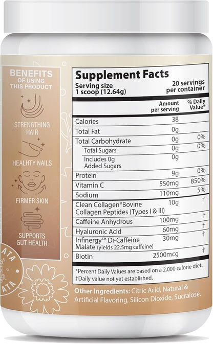 Peptide Energy Collagen Powder Hair, Nail, Skin, Type I & III,Caffeine for Energy, Vitamin C, Biotin, Hyaluronic Acid, Zero Sugar – 8.92 oz (Horchata)