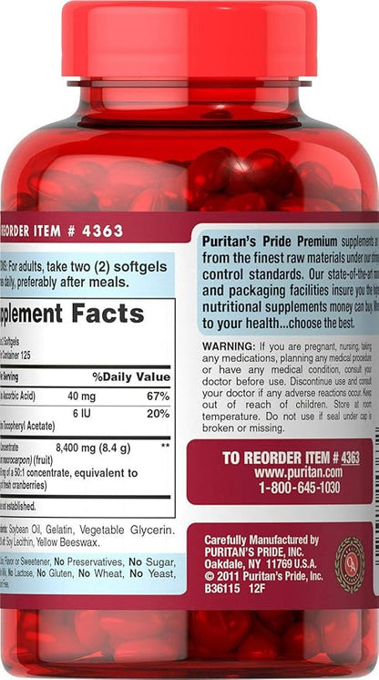 Puritan's Pride Premium Cranberry Fruit Concentrate 84 mg (4200 mg equivalent) with Vitamins C and E, Dietary Supplement for Immune System Support, 4 Month Supply, 250 Rapid Release Softgels