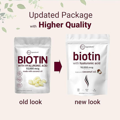 Micro Ingredients Biotin 10,000mcg w/Hyaluronic Acid 25mg | 365 Virgin Coconut Oil Softgels, Fast Release, One Year Supply, Supports Healthy Hair, Skin & Nails, Non-GMO & No Gluten