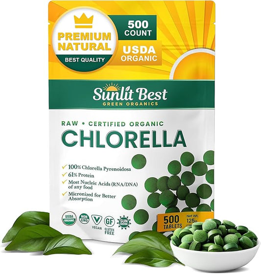 Sunlit Best USDA Organic Premium Chlorella Tablets 500 Tabs | 100% Pure Chlorella Superfood Supplement High in Protein, Chlorophyll, Vitamins, & Minerals | Supports Good Health, Wellbeing & Recovery