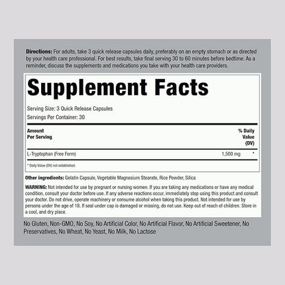 Piping Rock L-Tryptophan 1500 mg | 90 Capsules | Free Form | Non-GMO, Gluten Free Supplement
