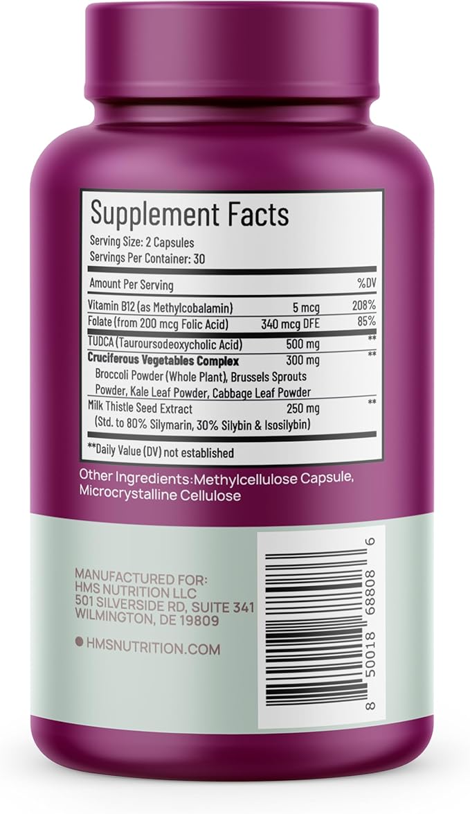 TUDCA Liver Plus+, Supports Liver Cleanse Detox & Repair, Supplement with Milk Thistle Seed Extract, Vitamin B12, Folate, & Cruciferous Vegetable Complex, 60 Capsules