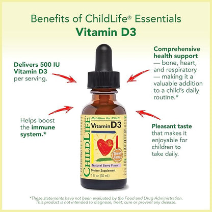 CHILDLIFE Essentials Vitamin D3 Drops for Kids, Children, & Toddlers - Liquid Vitamin D Drops, 500 IU per Drop, Immune & Bone Health Support, Natural Berry - 1 Fl Oz (Pack of 2)