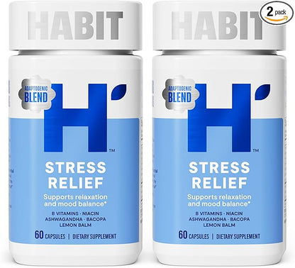 Habit Stress Relief Supplement 2 Pack (120 Capsules) - New Look, Supports Relaxation & Mood Balance, Vitamin B, Adaptogens, Lemon Balm, Calming, Vegan, Non-GMO