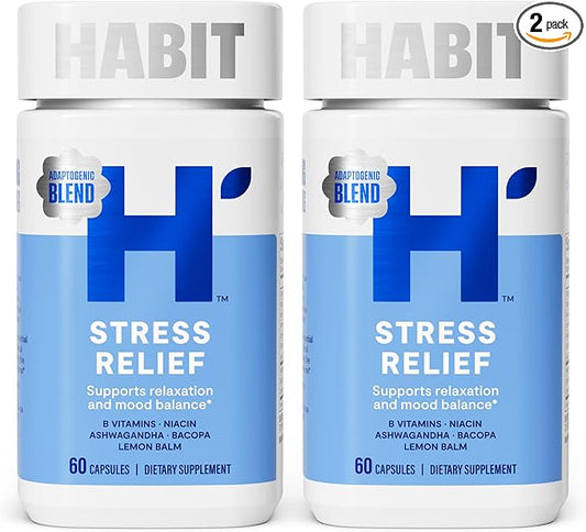 Habit Stress Relief Supplement 2 Pack (120 Capsules) - New Look, Supports Relaxation & Mood Balance, Vitamin B, Adaptogens, Lemon Balm, Calming, Vegan, Non-GMO