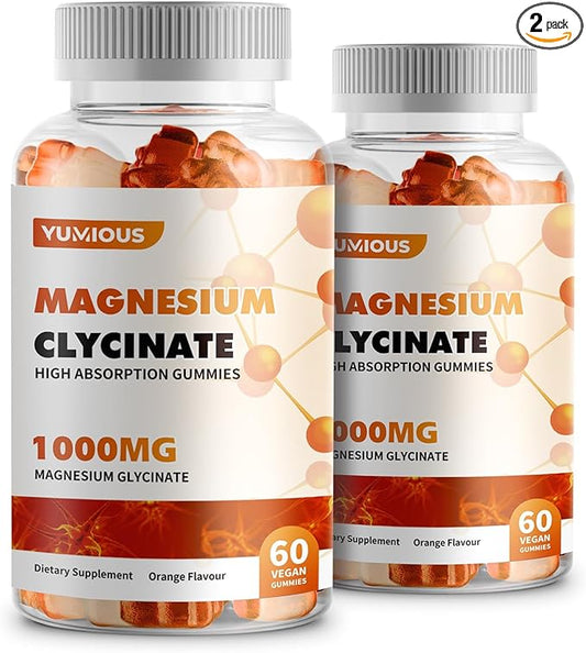 Magnesium Glycinate Gummies 1000mg - Sugar Free Magnesium Potassium Supplement with Vitamin D, B6, CoQ10 for Calm Mood & Sleep Support - 120 Orange Gummies -2 Pack