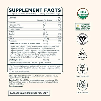 Ora Organic Vegan Protein Powder - 23g Plant Protein for Women and Men - Chocolate Flavor 20 Servings, Bloat-Free, Gluten Free, Non-GMO, No Artificial Sweeteners