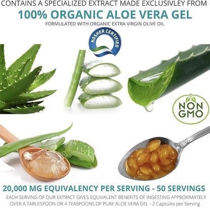 Aloe Vera Supplement (100 Softgels) 20,000mg Pure Gel Equivalency – Made with Organic Aloe Vera