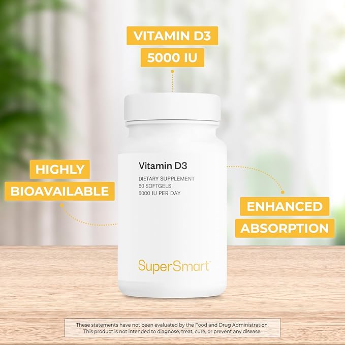 Supersmart - Vitamin D3 5000 IU per Day (125mcg) - High Potency & Bioavailability - with Sunflower Oil | Non-GMO & Gluten Free - 60 Softgels