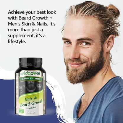 MYVIDAPURE Beard Growth + Men’s Skin & Nails – 5,000mcg Biotin – Vitamin C, D & B-Complex –Hydrolyzed Collagen Veggie Capsules – Non-GMO – Gluten-Free