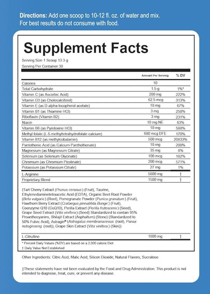 L-Arginine & L-Citrulline Combo+ - Cardio Health & Nitric Oxide Circulation Support Supplement Drink Mix (30 Servings, Over 13g per, 1 Month Supply!) (399g, Cherry)