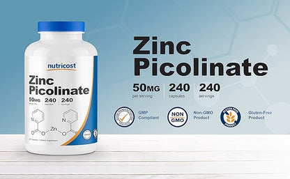 Nutricost Zinc Picolinate 50mg, 240 Vegetarian Capsules (3 Bottles) - Gluten Free and Non-GMO