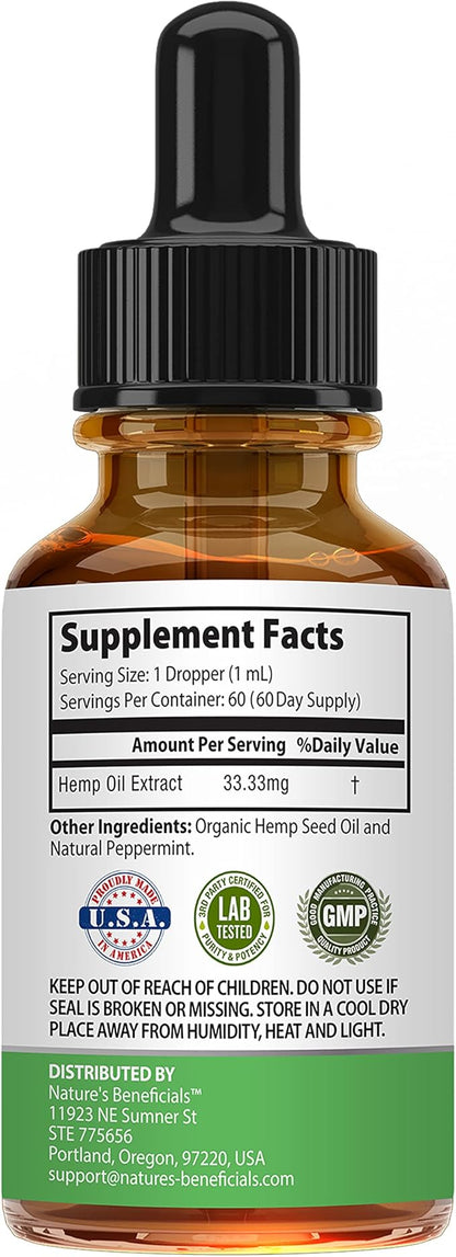 Nature's Beneficials Organic Hemp Oil Extract Drops, 2000mg - Omega Fatty Acids 3 6 9, Non-GMO Ultra-Pure CO2 Extracted, 2 oz