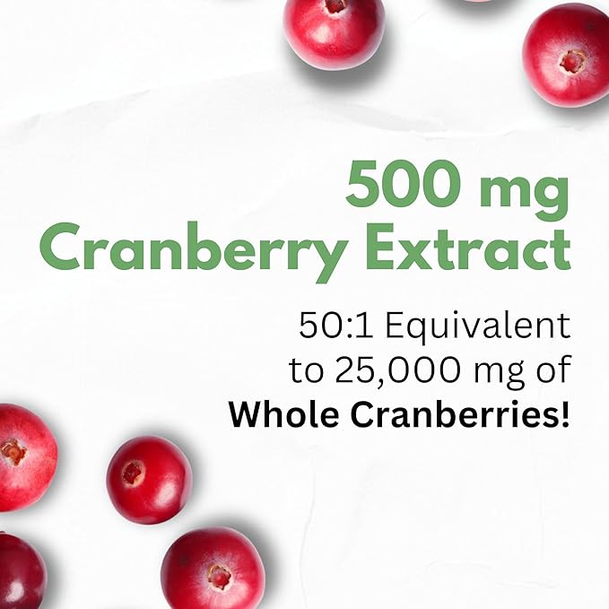 Cranberry Extract Pills - Super Strength 50:1 Whole Fruit Concentrate Equals to 25,000mg of Fresh Cranberries Plus Dandelion & Uva Ursi - Natural UTI Support - Kidney Cleanse & Urinary Tract Health