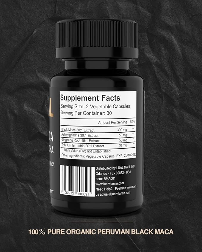 LUAL 30,000mg 30x Strength Organic Black Maca Root with Ashwagandha - Highest Potency Black Maca Root Capsules for Men - 100% Pure Maca Peruana Powder Organic, Gelatinized, Non-GMO - 60 Pills