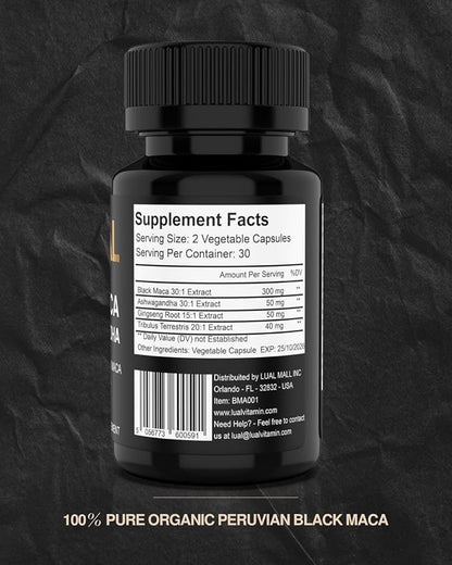 LUAL 30,000mg 30x Strength Organic Black Maca Root with Ashwagandha - Highest Potency Black Maca Root Capsules for Men - 100% Pure Maca Peruana Powder Organic, Gelatinized, Non-GMO - 60 Pills
