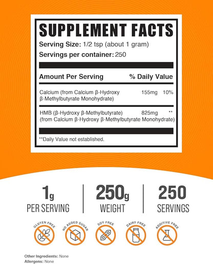 BulkSupplements.com HMB Powder - as Calcium HMB, Beta-Hydroxy Beta-Methylbutyrate - HMB Powder Supplements, Gluten Free - 1000mg per Serving, 250g (8.8 oz) (Pack of 1)