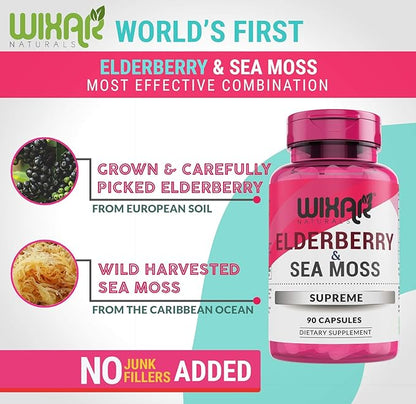 Elderberry and Sea Moss Supreme Capsules - Natural Black Elderberries with Wildcrafted Sea Moss Pills - 90 Capsules - Antioxidants - Herbal Supplements - Immune Support Supplement