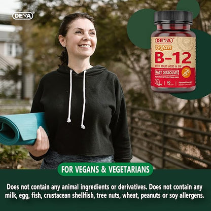DEVA Vegan Vitamin B12 Fast Dissolve Supplement - Once-Per-Day Complex with 1000 Mcg Methylcobalamin B12, Folic Acid, B6 - Lemon Flavor - 90 Dissolvable Tablets, 2-Pack
