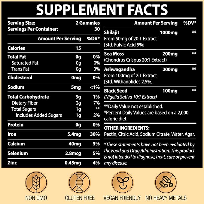 Himalayan Organic Shilajit Gummies, with Ashwagandha, Sea Moss, Black Seed, Pure & 100% Natural Shilajit - Energy, Immune System, Brain & Joint Function, Authentic Flavor, 60 Gummies