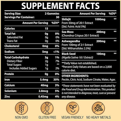 Himalayan Organic Shilajit Gummies, with Ashwagandha, Sea Moss, Black Seed, Pure & 100% Natural Shilajit - Energy, Immune System, Brain & Joint Function, Authentic Flavor, 60 Gummies